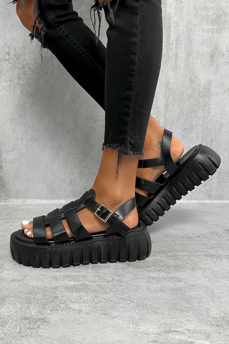 DESTRUCT Chunky Gladiator Buckle Sandals - Black PU - 3