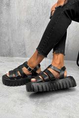 DESTRUCT Chunky Gladiator Buckle Sandals - Black PU - 1