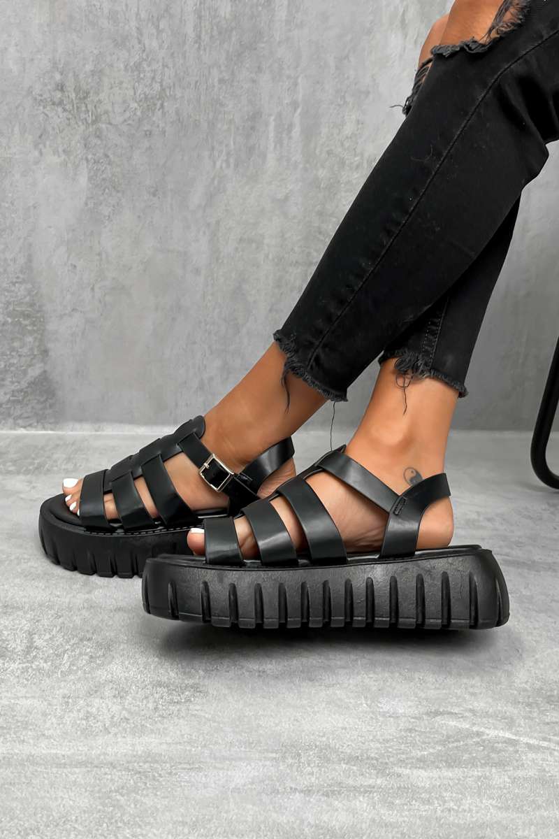 DESTRUCT Chunky Gladiator Buckle Sandals - Black PU - 4