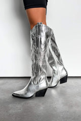 DETROIT Mid Calf Cowboy Western Boots - Silver - 2