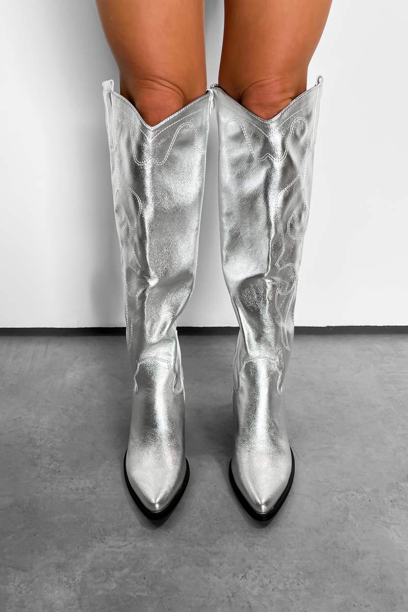 DETROIT Mid Calf Cowboy Western Boots - Silver - 4