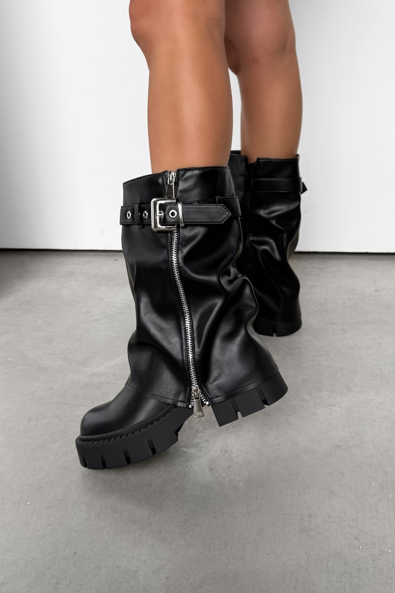 EDEN Flared Calf Chunky Zip Boots - Black PU - 2