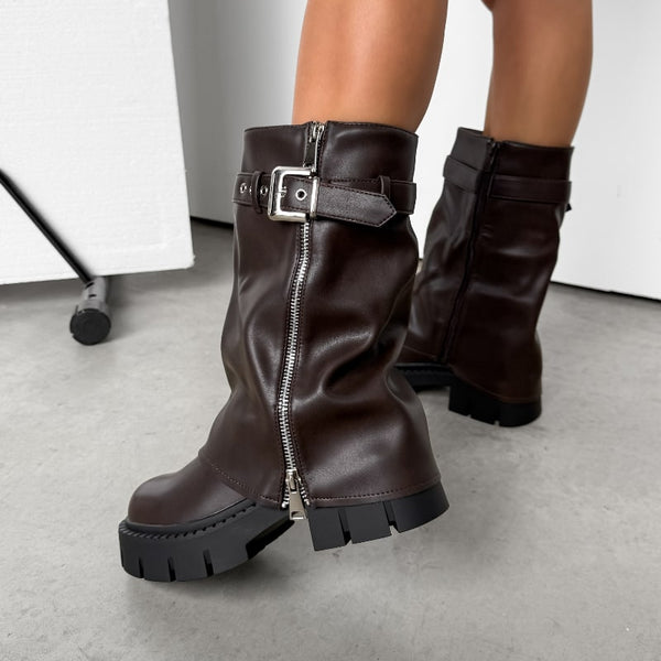 EDEN Flared Calf Chunky Zip Boots - Brown PU – AJ VOYAGE