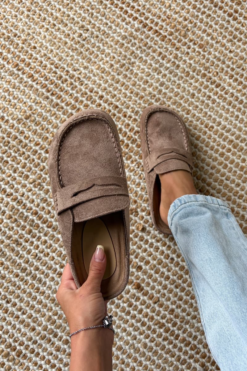 EMILY Suede Mule Loafers – Taupe - 1