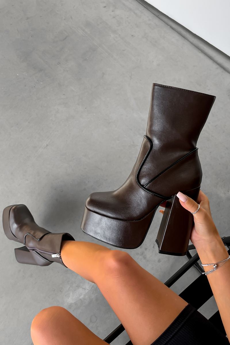 ENYA Platform Heeled Boots - Chocolate PU