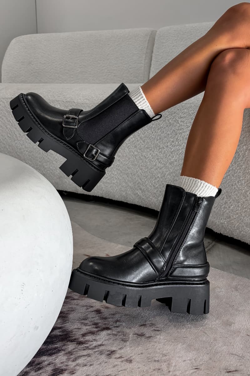 ESMAE Chunky Buckle Biker Boots - Black -1