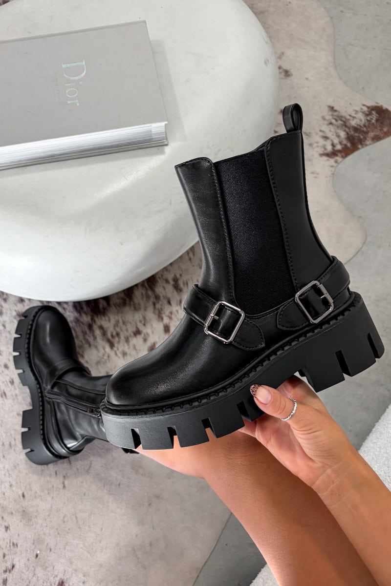 ESMAE Chunky Buckle Biker Boots - Black -2