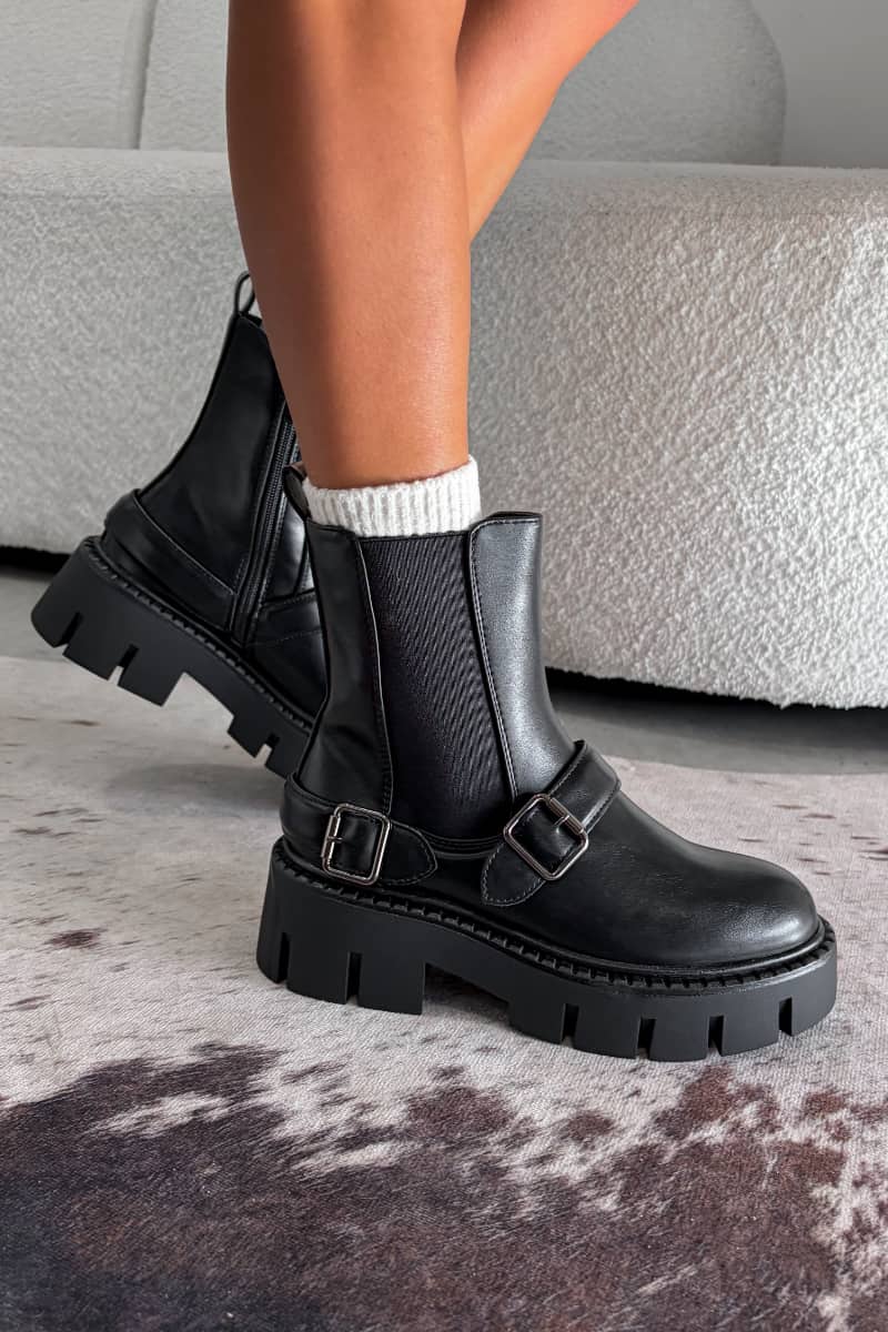 ESMAE Chunky Buckle Biker Boots - Black -4