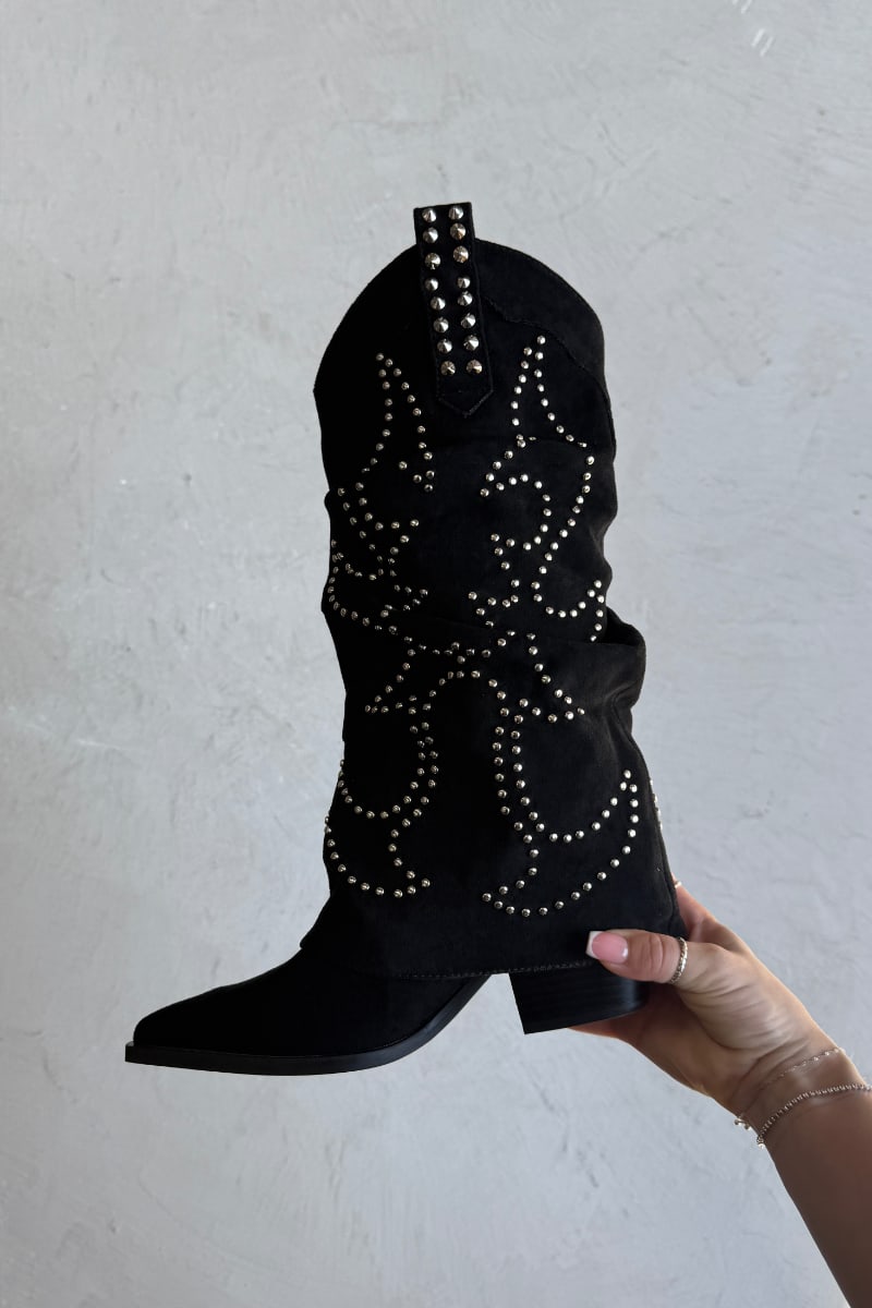 ETTA Studded Slouched Cowboy Western Boots - Black Suede
