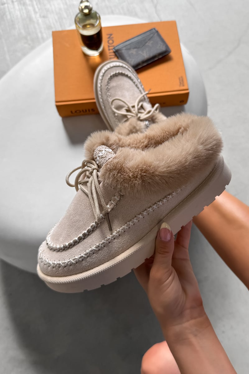 EVE Mini Faux Fur Ankle Slippers - Beige - 3