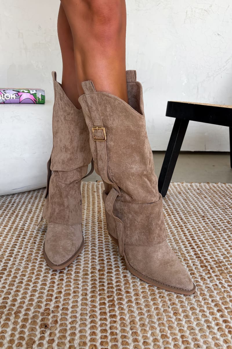 FERGIE Slouch Buckle Cowboy Western Boots - Taupe - 1