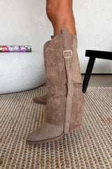 FERGIE Slouch Buckle Cowboy Western Boots - Taupe - 2