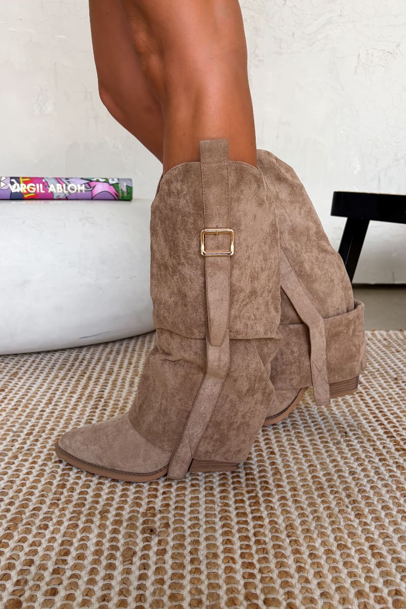 FERGIE Slouch Buckle Cowboy Western Boots - Taupe - 3