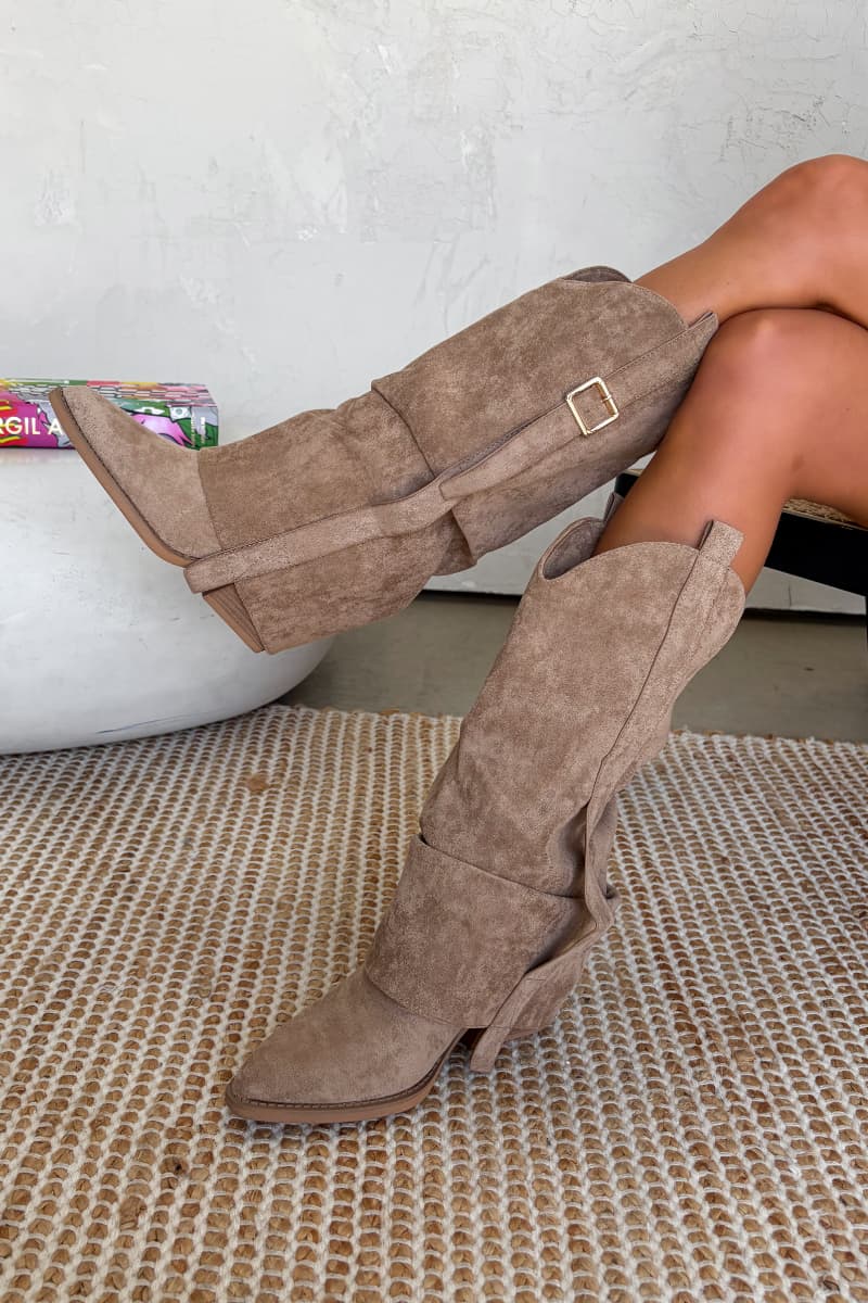 FERGIE Slouch Buckle Cowboy Western Boots - Taupe - 5