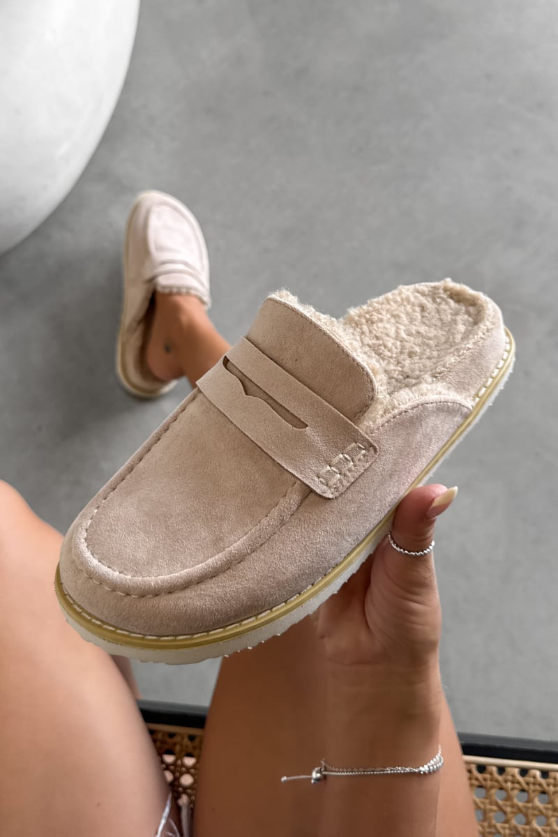 FERN Suede Mule Loafers – Beige