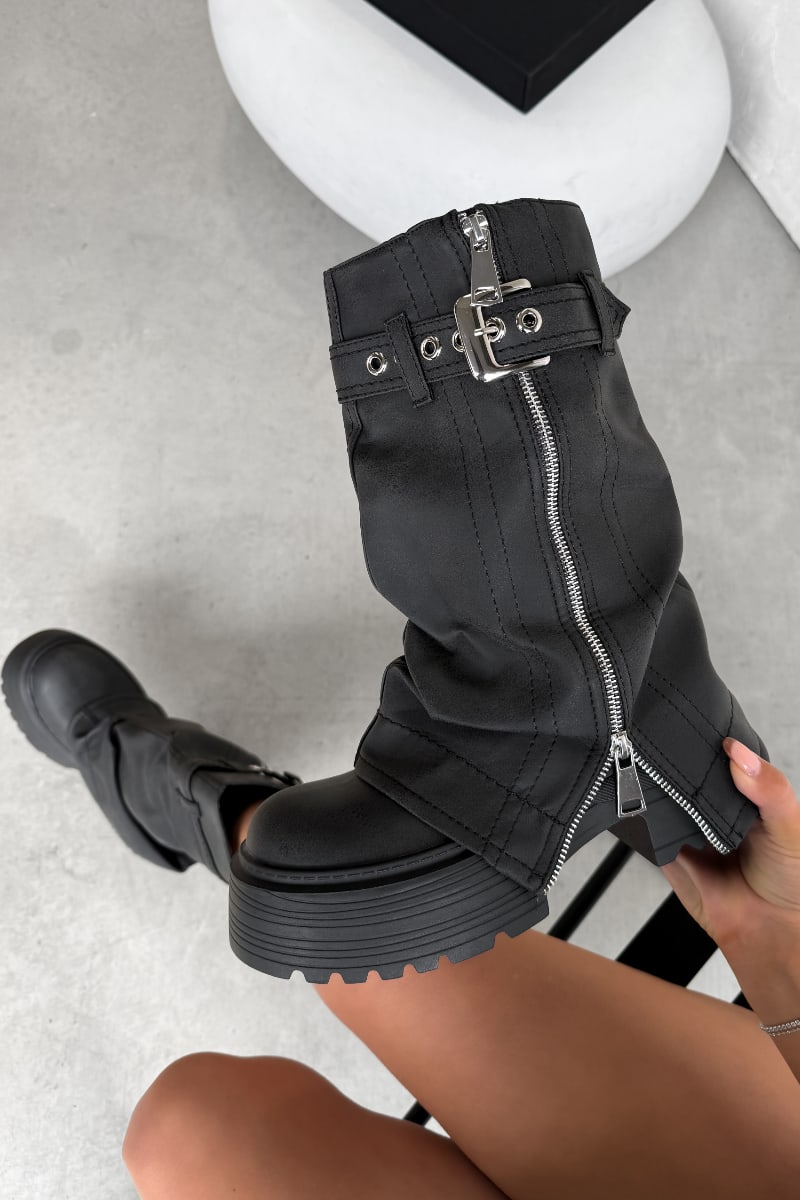 FIERCE Flared Calf Chunky Zip Boots - Washed Black