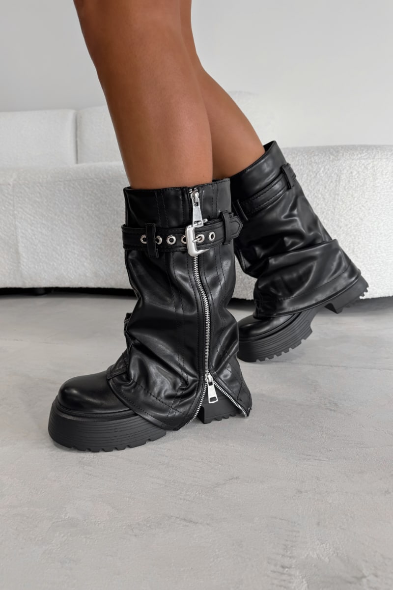 FIERCE Flared Calf Chunky Zip Boots - Black PU - 1