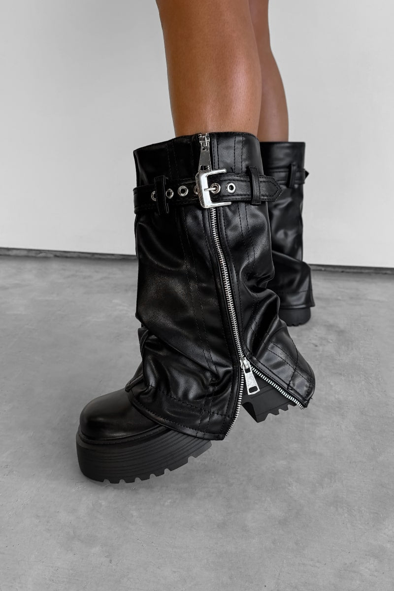 FIERCE Flared Calf Chunky Zip Boots - Black PU - 3