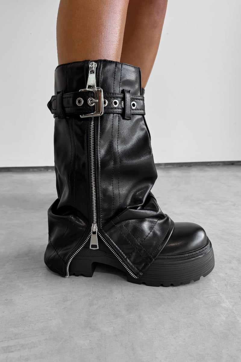 FIERCE Flared Calf Chunky Zip Boots - Black PU - 2