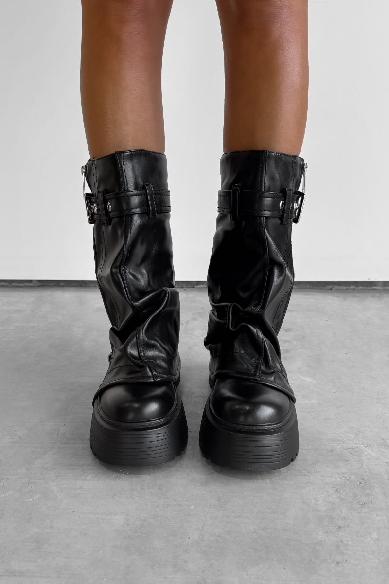 FIERCE Flared Calf Chunky Zip Boots - Black PU - 4