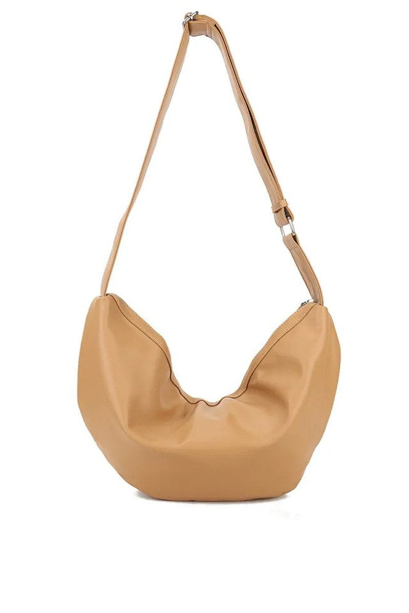 Faux Leather Curved Bag - Tan - 2