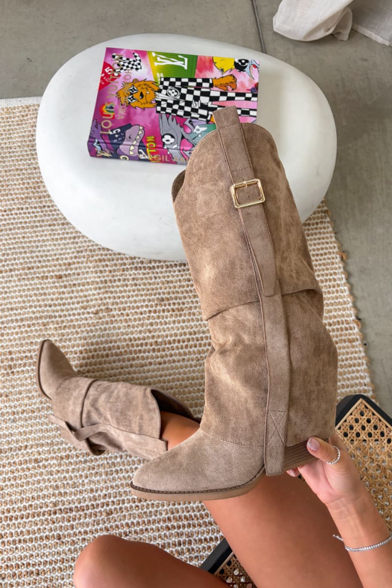 FERGIE Slouch Buckle Cowboy Western Boots - Taupe