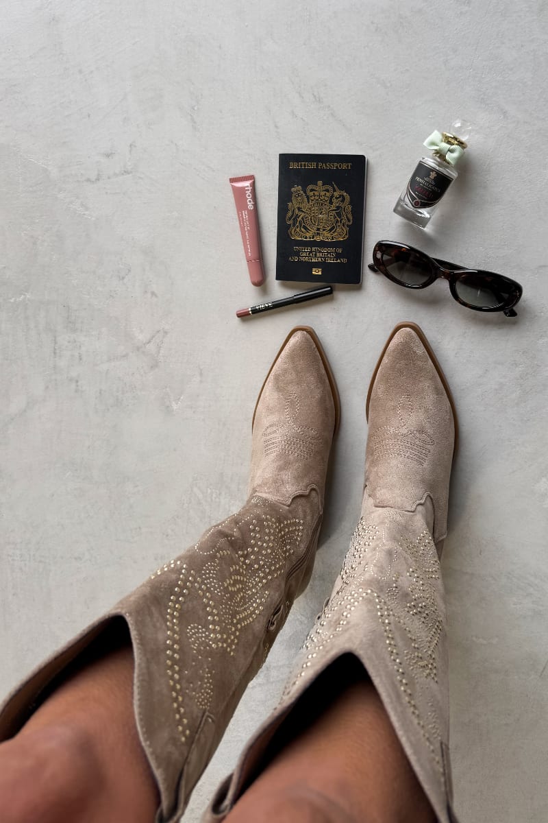 GABRIELLE Studded Cowboy Western Boots - Taupe - 6