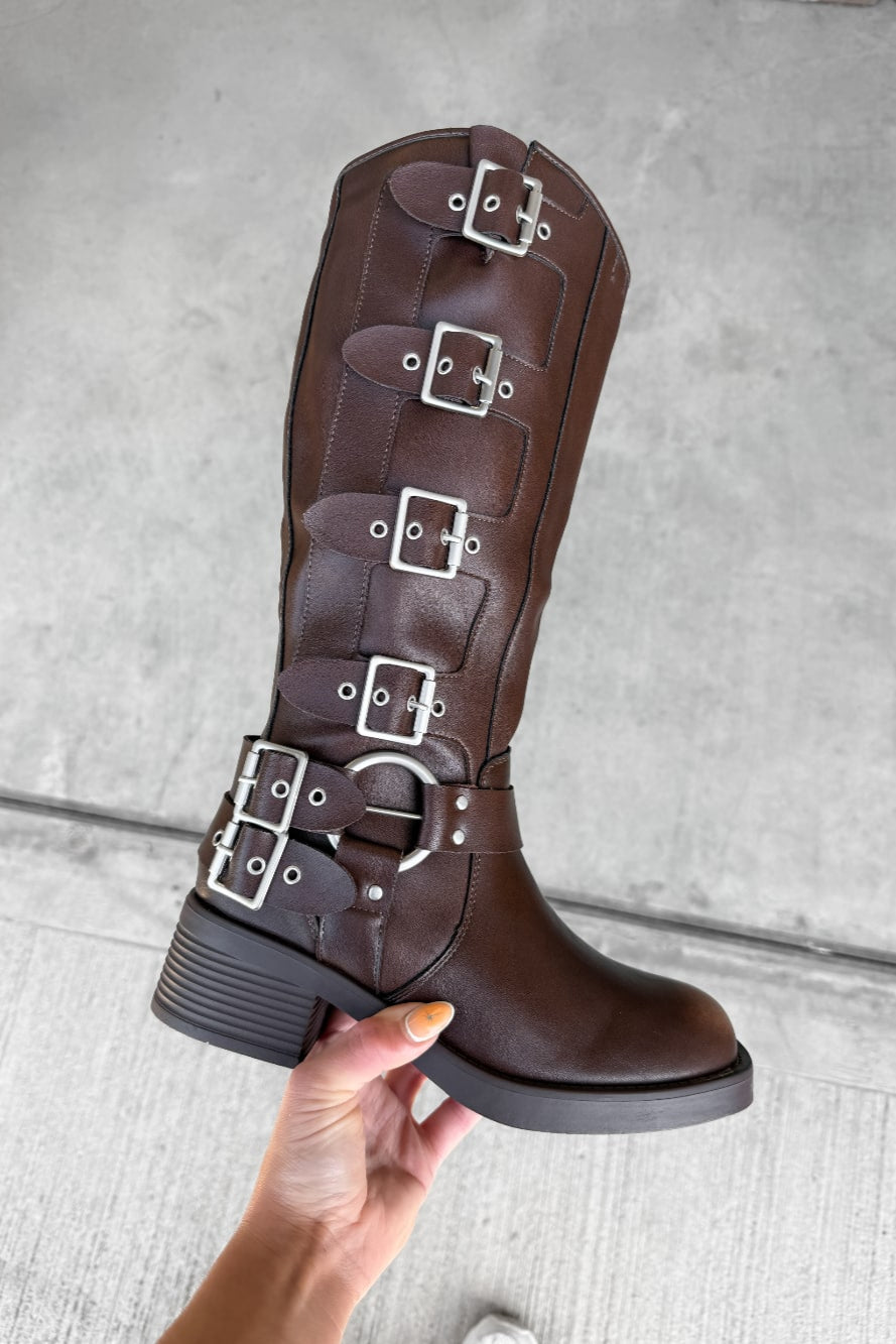GEORGIA Chunky Buckle Biker Boots - Brown