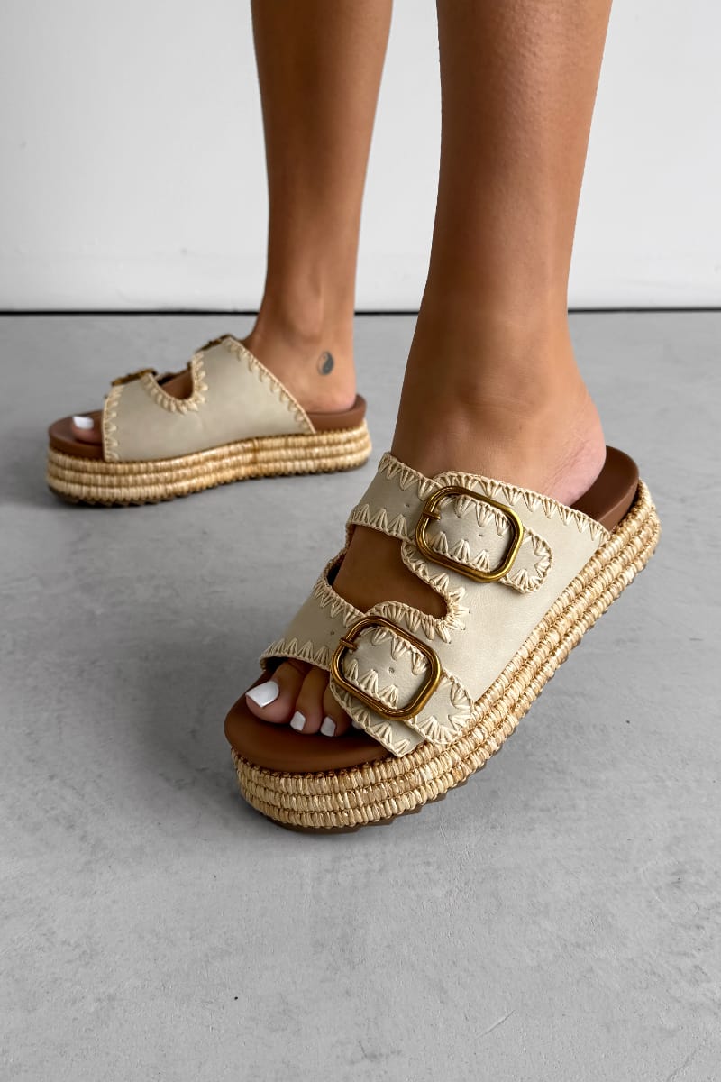 GEORGIA Chunky Embroidered Espadrille Buckle Sandals - Beige - 2