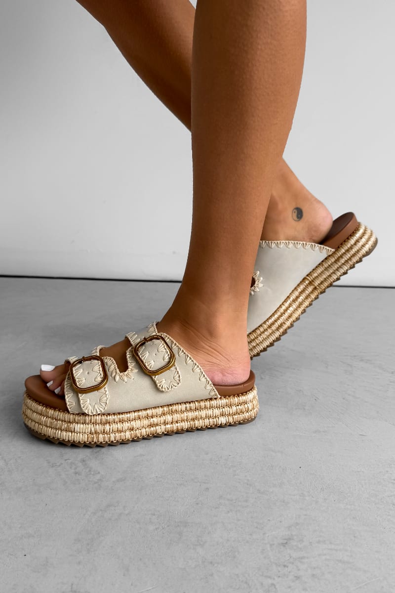 GEORGIA Chunky Embroidered Espadrille Buckle Sandals - Beige - 1