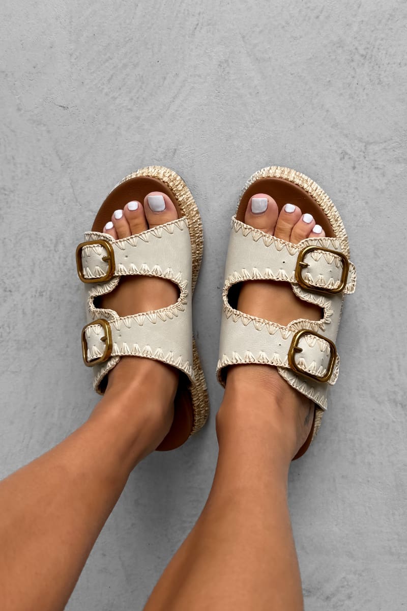 GEORGIA Chunky Embroidered Espadrille Buckle Sandals - Beige - 4