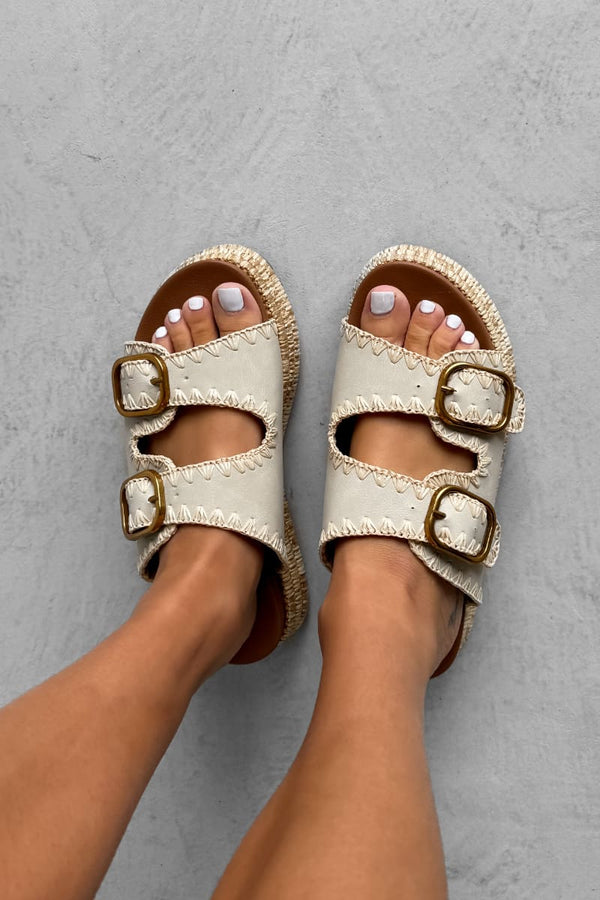 GEORGIA Chunky Embroidered Espadrille Buckle Sandals - Beige - 4