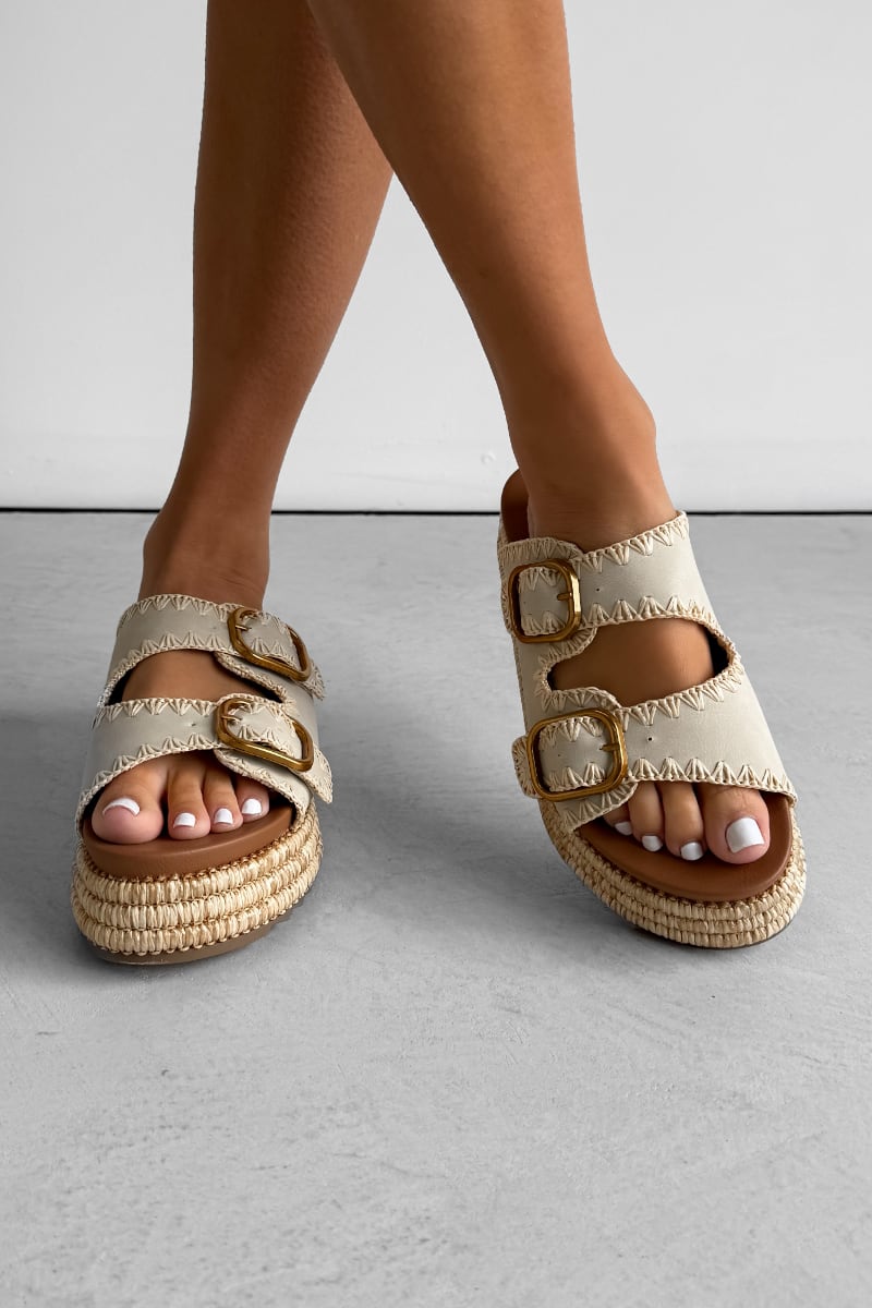 GEORGIA Chunky Embroidered Espadrille Buckle Sandals - Beige - 3