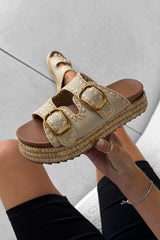 GEORGIA Chunky Embroidered Espadrille Buckle Sandals - Beige