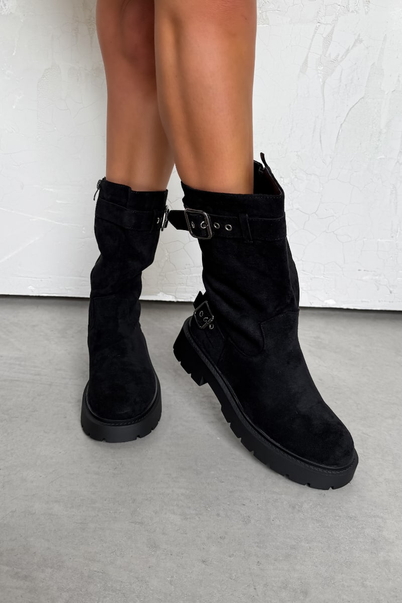 GIO Buckle Biker Boots - Black Suede - 1