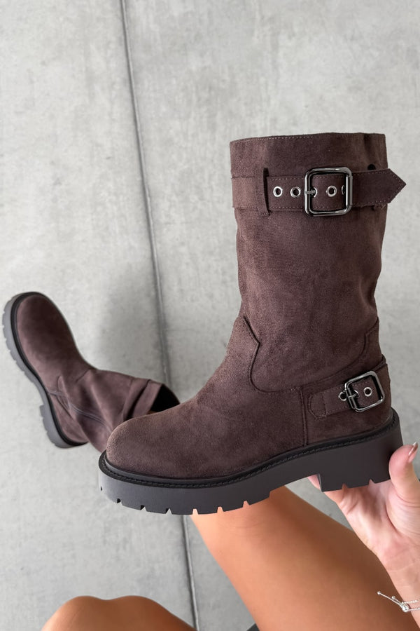 GIO Buckle Biker Boots - Brown Suede