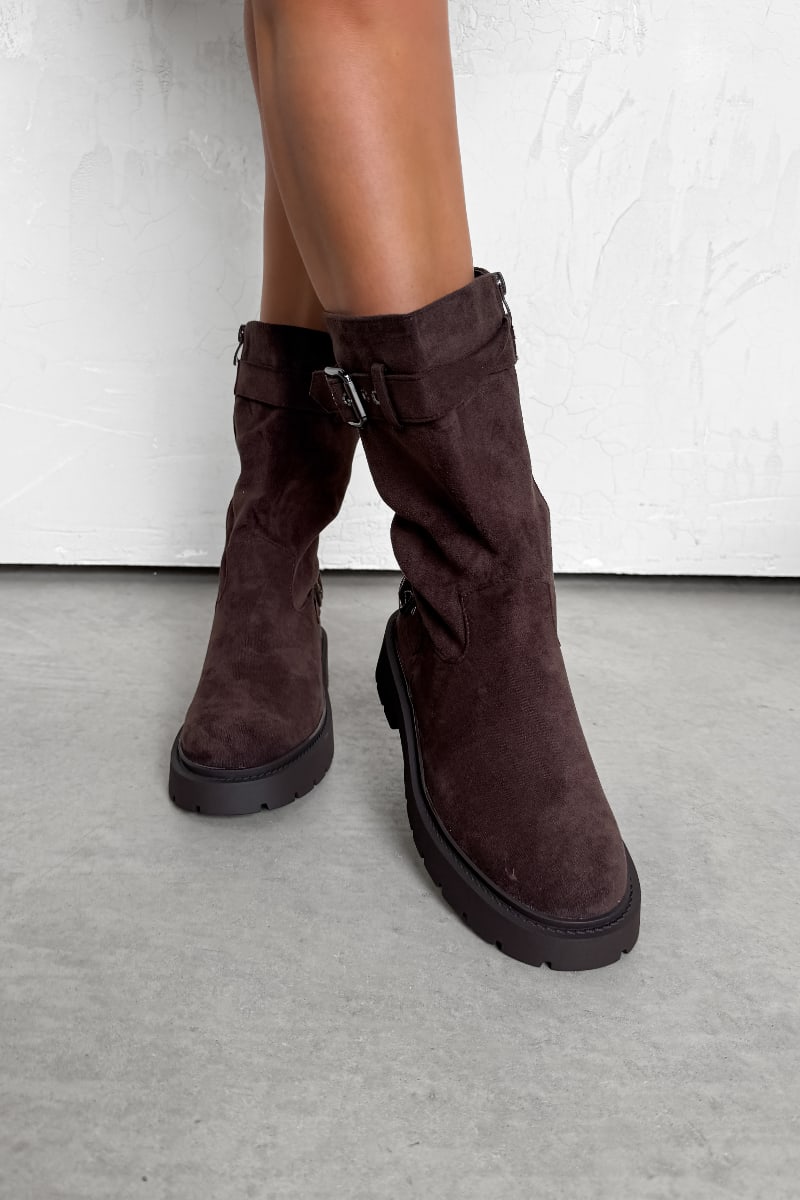 GIO Buckle Biker Boots - Brown Suede - 1