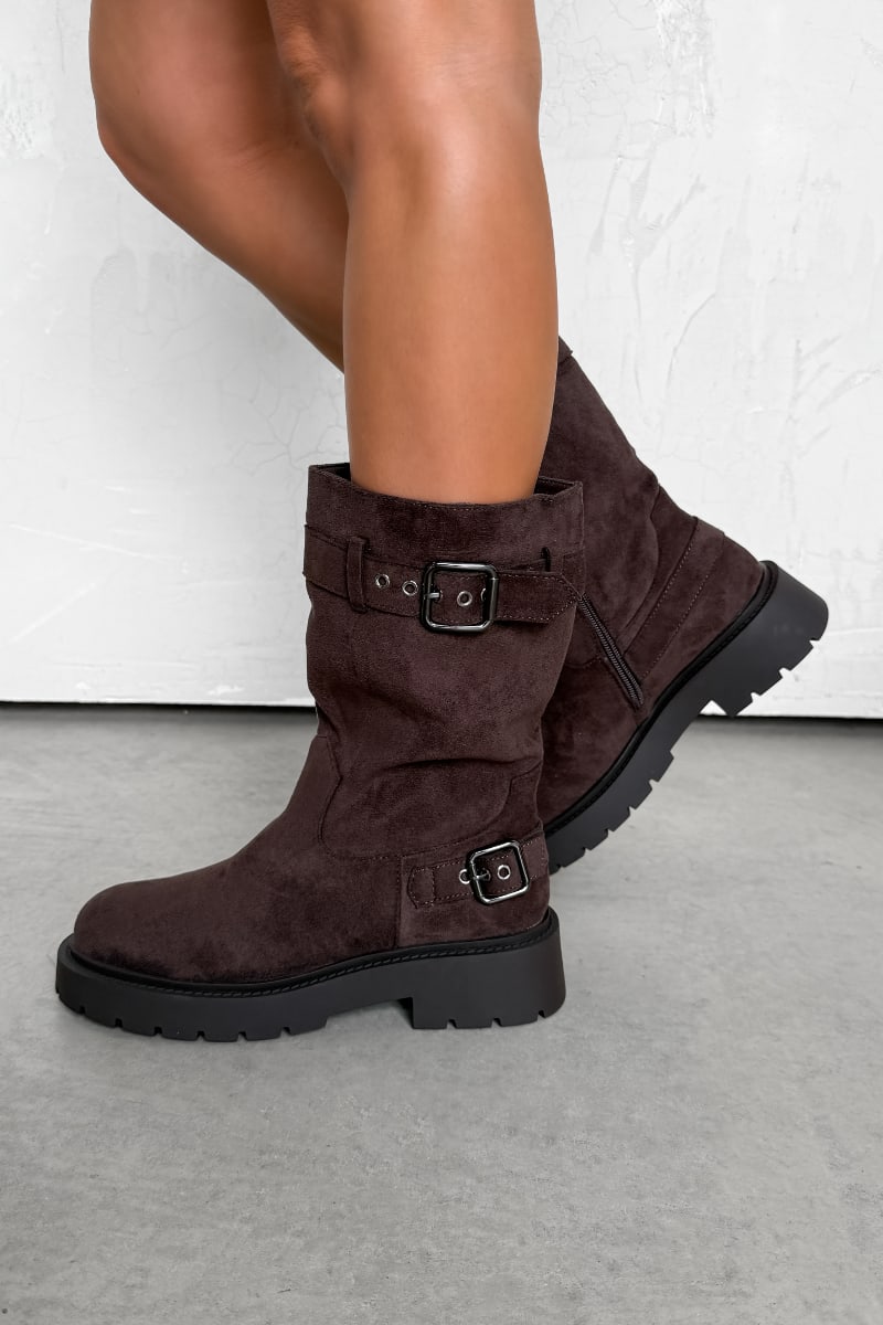 GIO Buckle Biker Boots - Brown Suede - 2