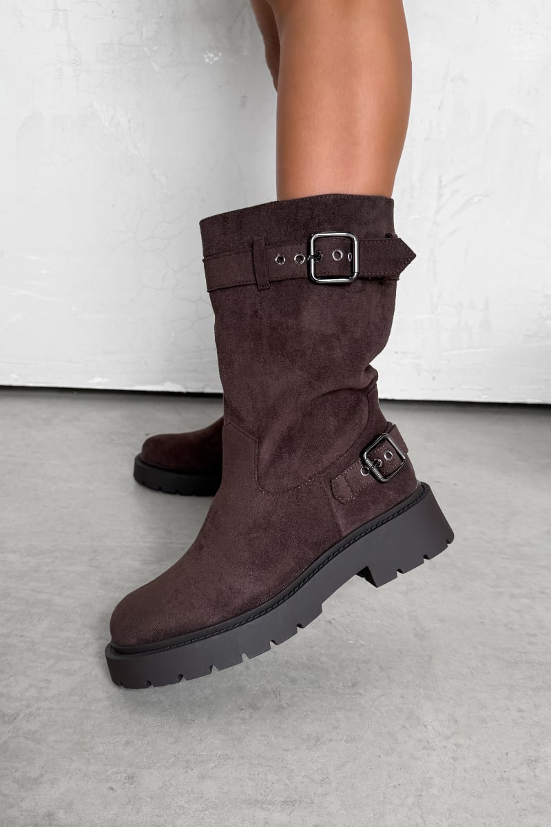 GIO Buckle Biker Boots - Brown Suede - 3