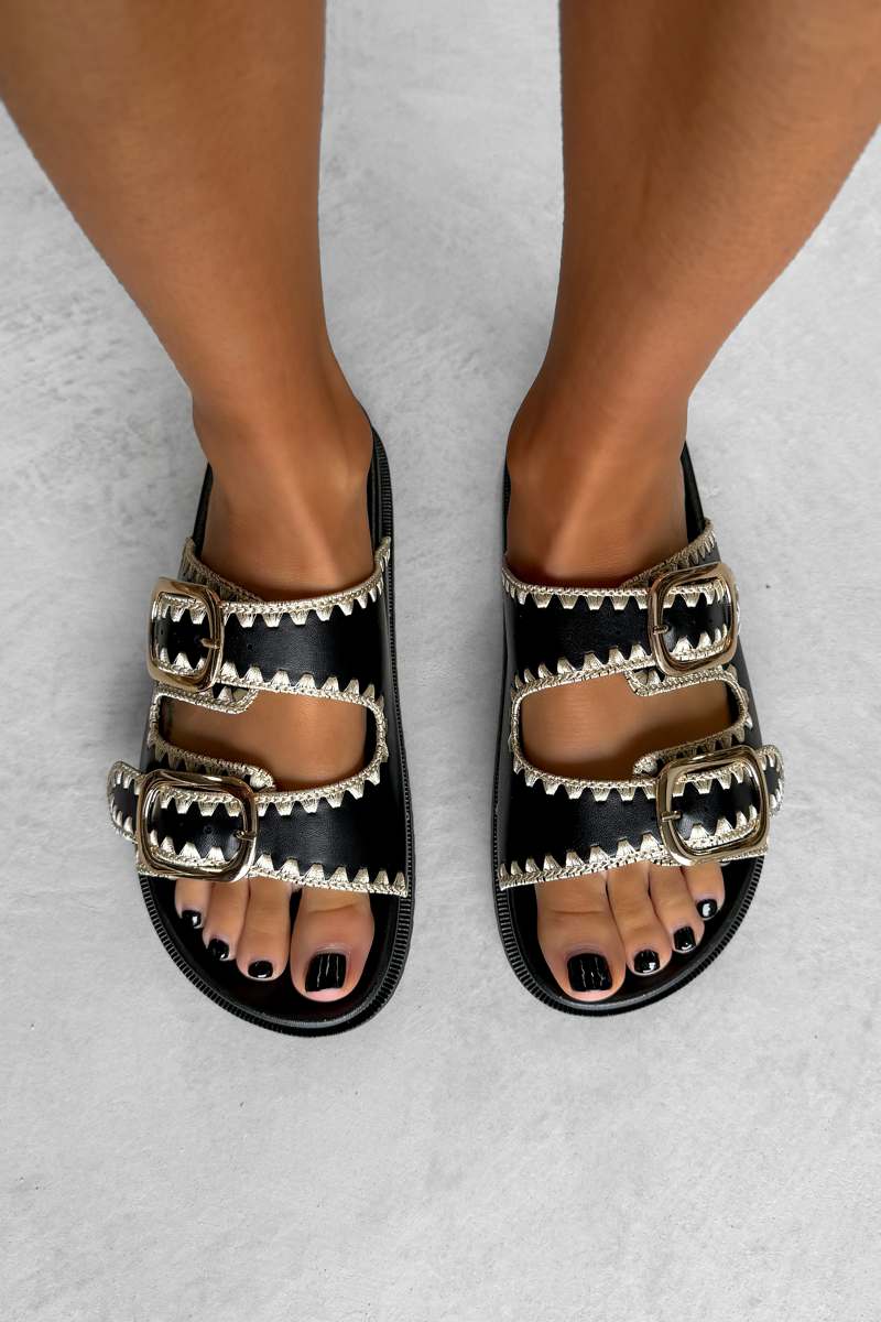 GIO Chunky Embroidered Buckle Sandals - Black