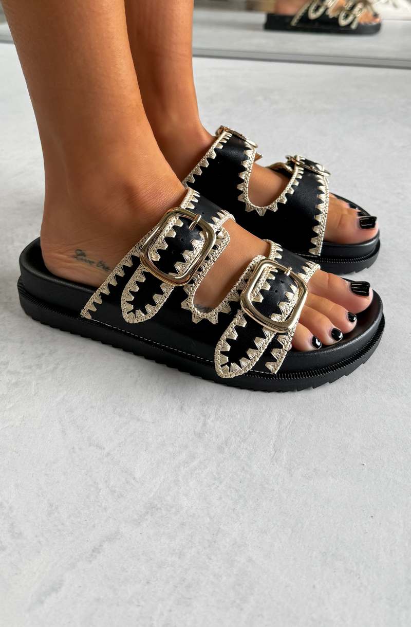 GIO Chunky Embroidered Buckle Sandals - Black