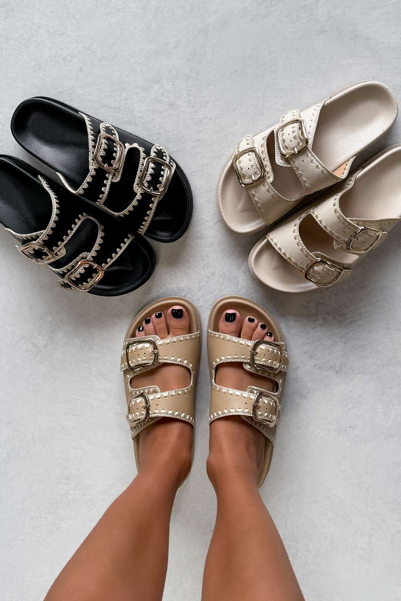 GIO Chunky Embroidered Buckle Sandals - Taupe - 2