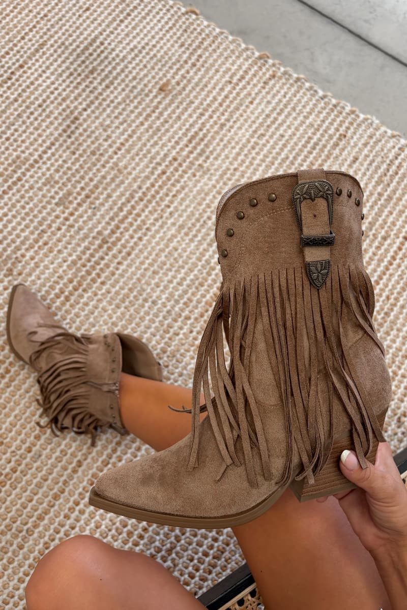 GRACE Western Buckle Tassel Ankle Cowboy Boots - Taupe