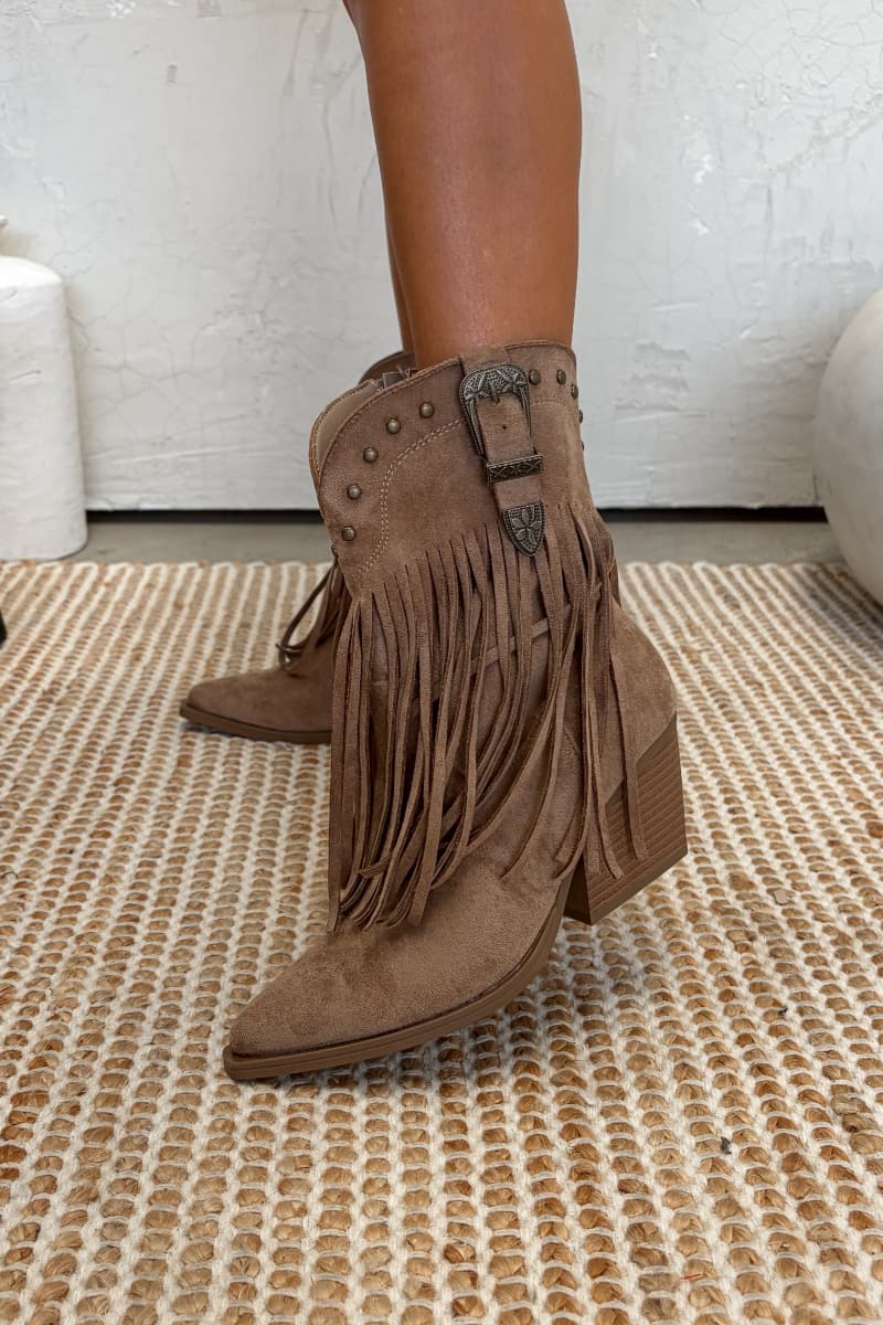GRACE Western Buckle Tassel Ankle Cowboy Boots - Taupe - 3