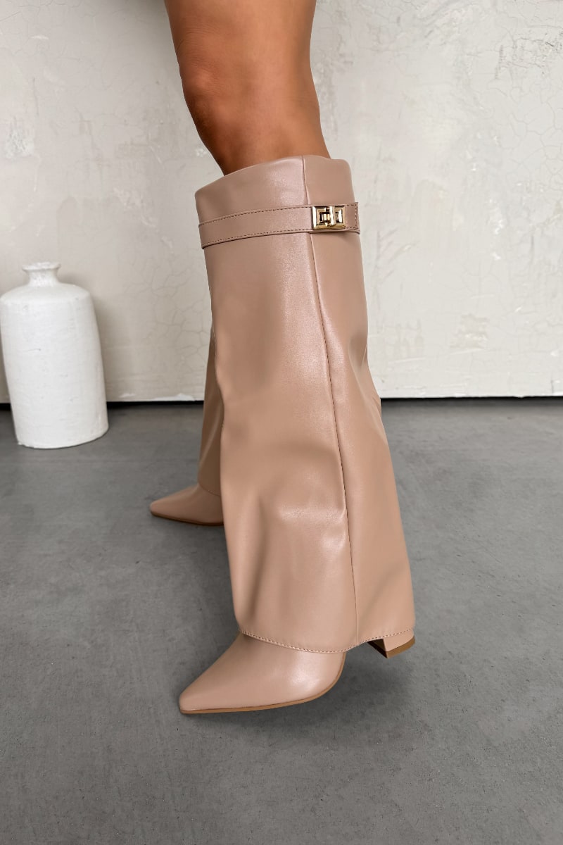 GWEN Flared Knee High Boots - Beige PU