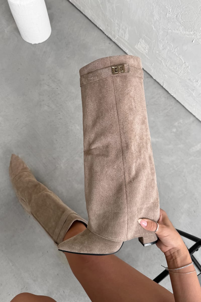 GWEN Flared Knee High Boots - Beige Suede