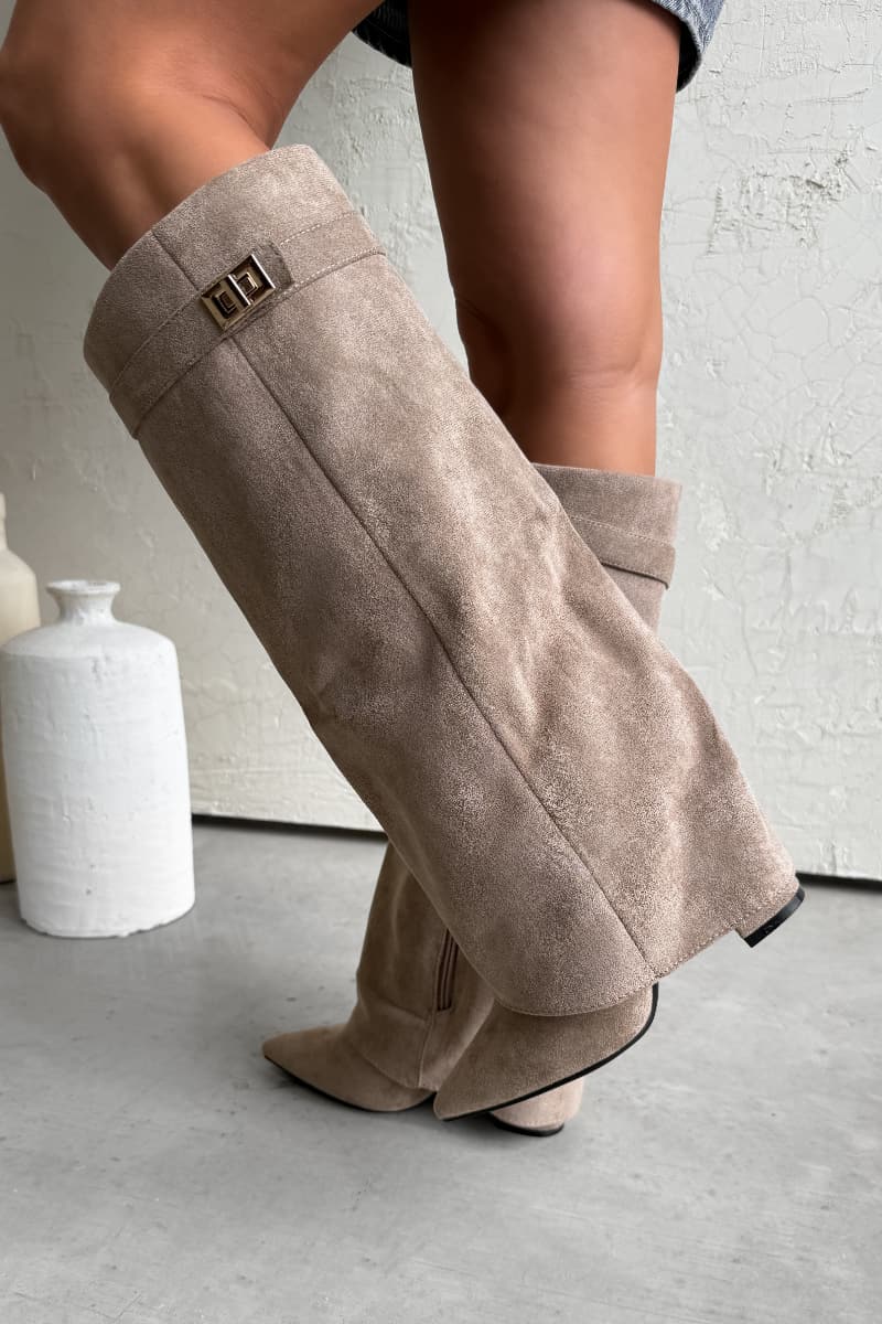 GWEN Flared Knee High Boots - Beige Suede - 1