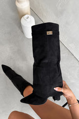 GWEN Flared Knee High Boots - Black Suede