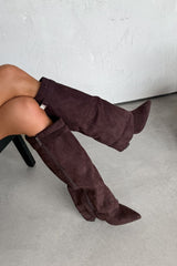 GWEN Flared Knee High Boots - Brown Suede - 2