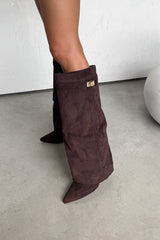GWEN Flared Knee High Boots - Brown Suede - 1